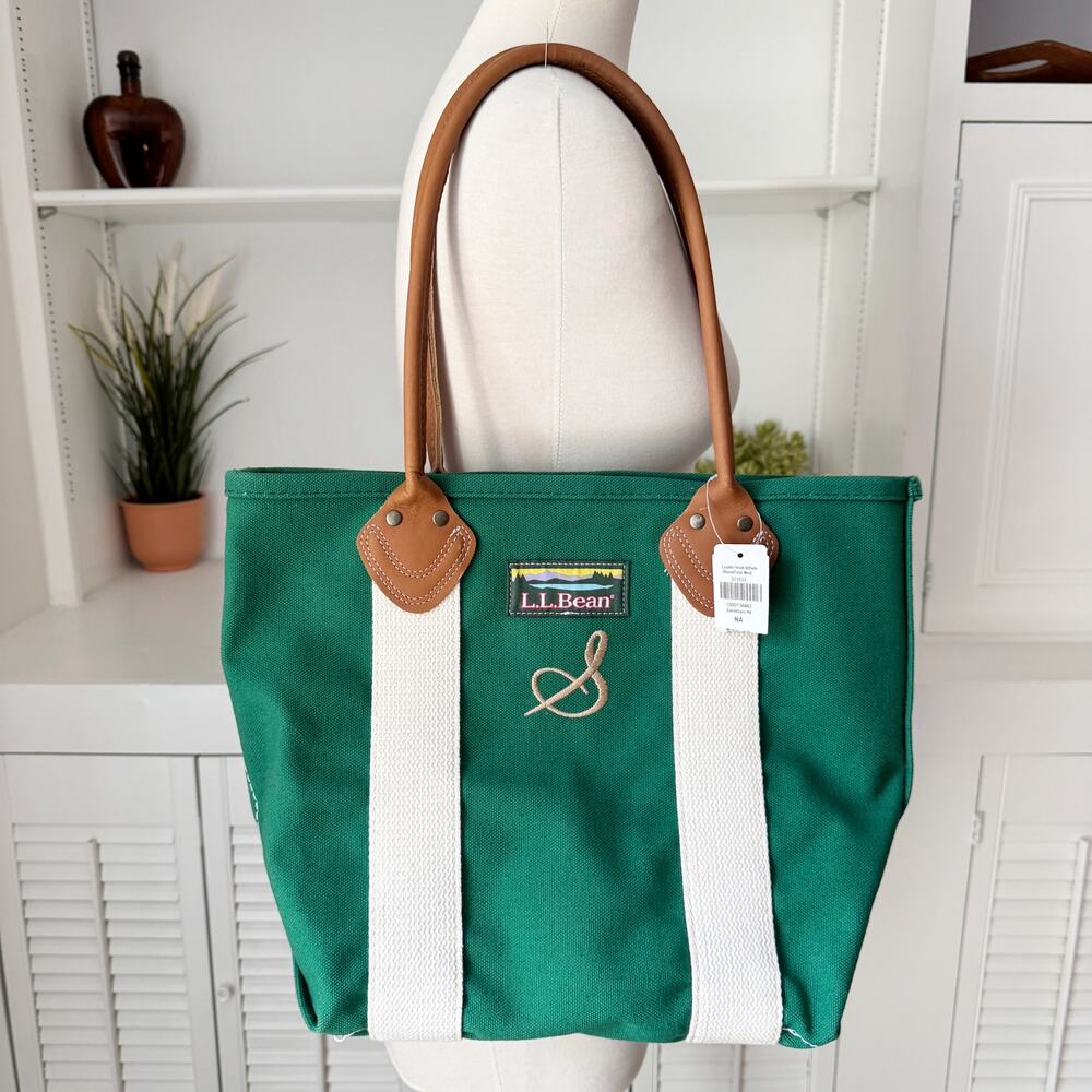 NWT L.L.Bean Green Tricolor Monogram S Leather-Handle Katahdin Boat and Tote Bag